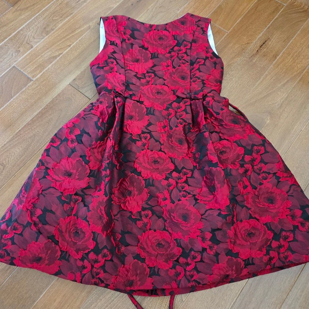 Helena Girls Red Black Floral Jacquard Party Dress Size 12 Holiday Formal Rose